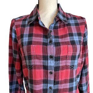 AVENTURA Plaid Tunic Top Shirt Blue Red Size M 100% Organic Cotton Long Sleeve